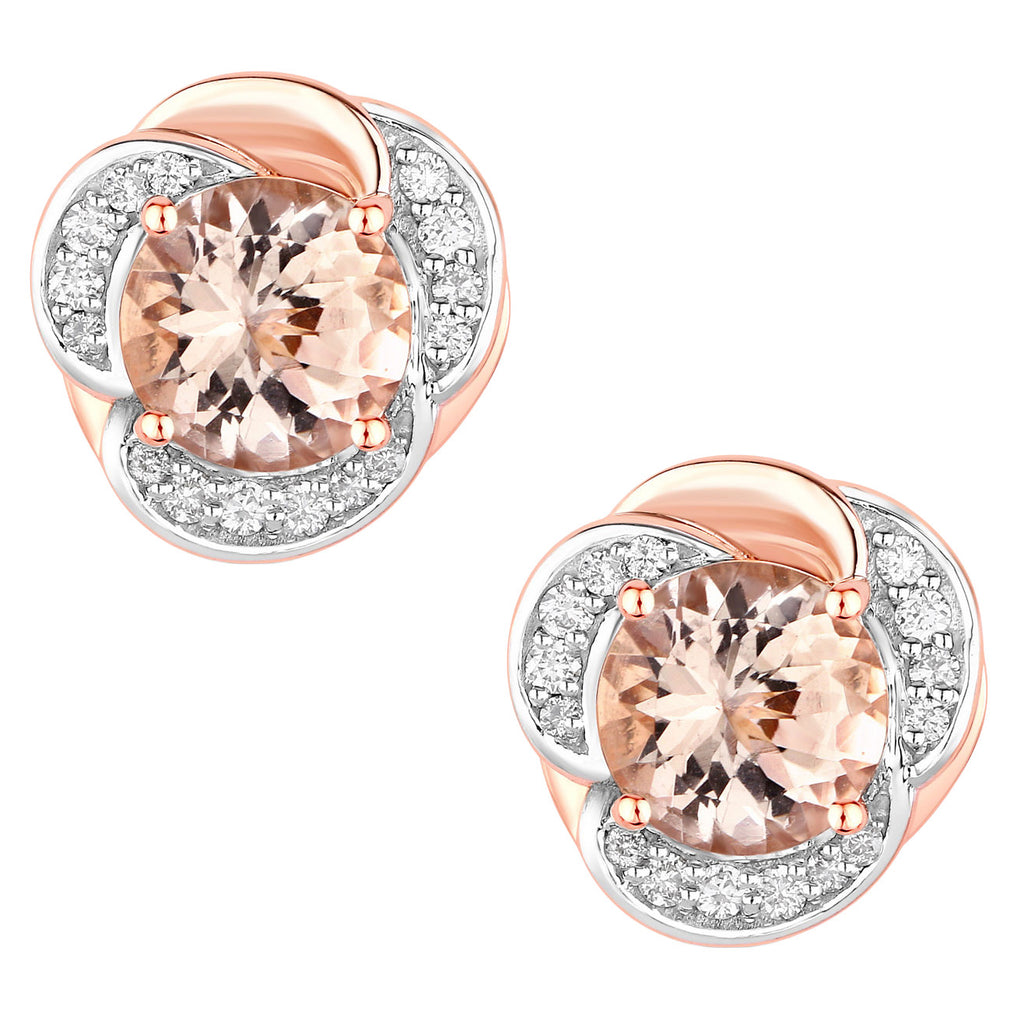 Morganite Flower Stud Earrings With Diamonds 2.14 Carats 14K Rose Gold