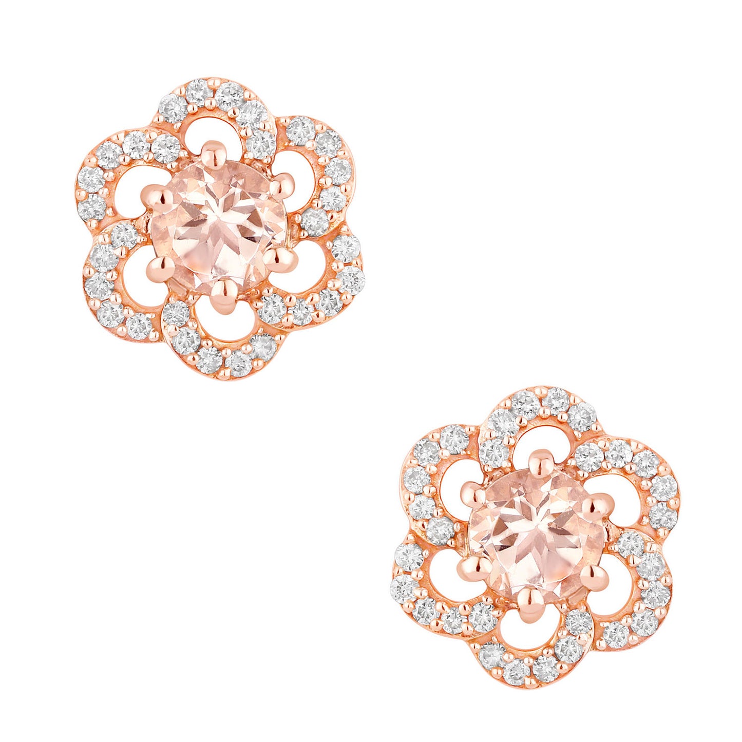 Morganite Stud Earrings With Diamonds 0.58 Carats 14K Rose Gold