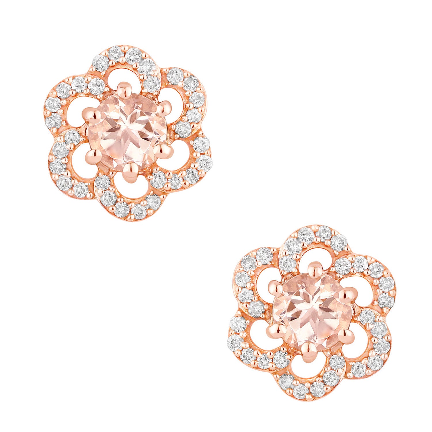 Morganite Stud Earrings With Diamonds 0.58 Carats 14K Rose Gold