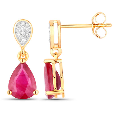 Ruby Teardrop Earrings Diamonds 2.4 Carats 14K Yellow Gold