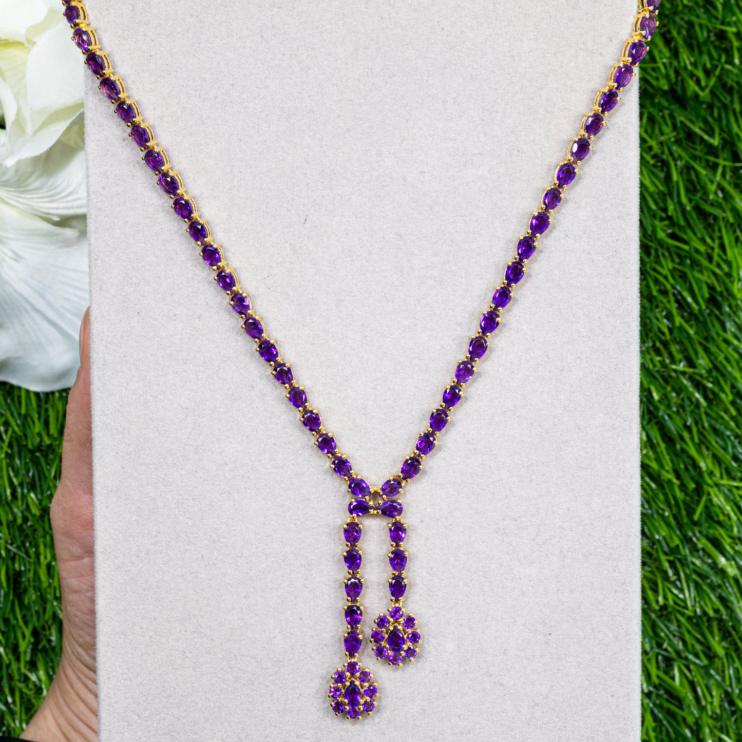 Natural Amethyst Double Drop Necklace 32 Carats 24K Yellow Gold Plated Silver