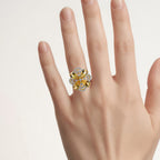 Citrine Flower Ring With Diamonds 8.79 Carats Gold Plated Silver