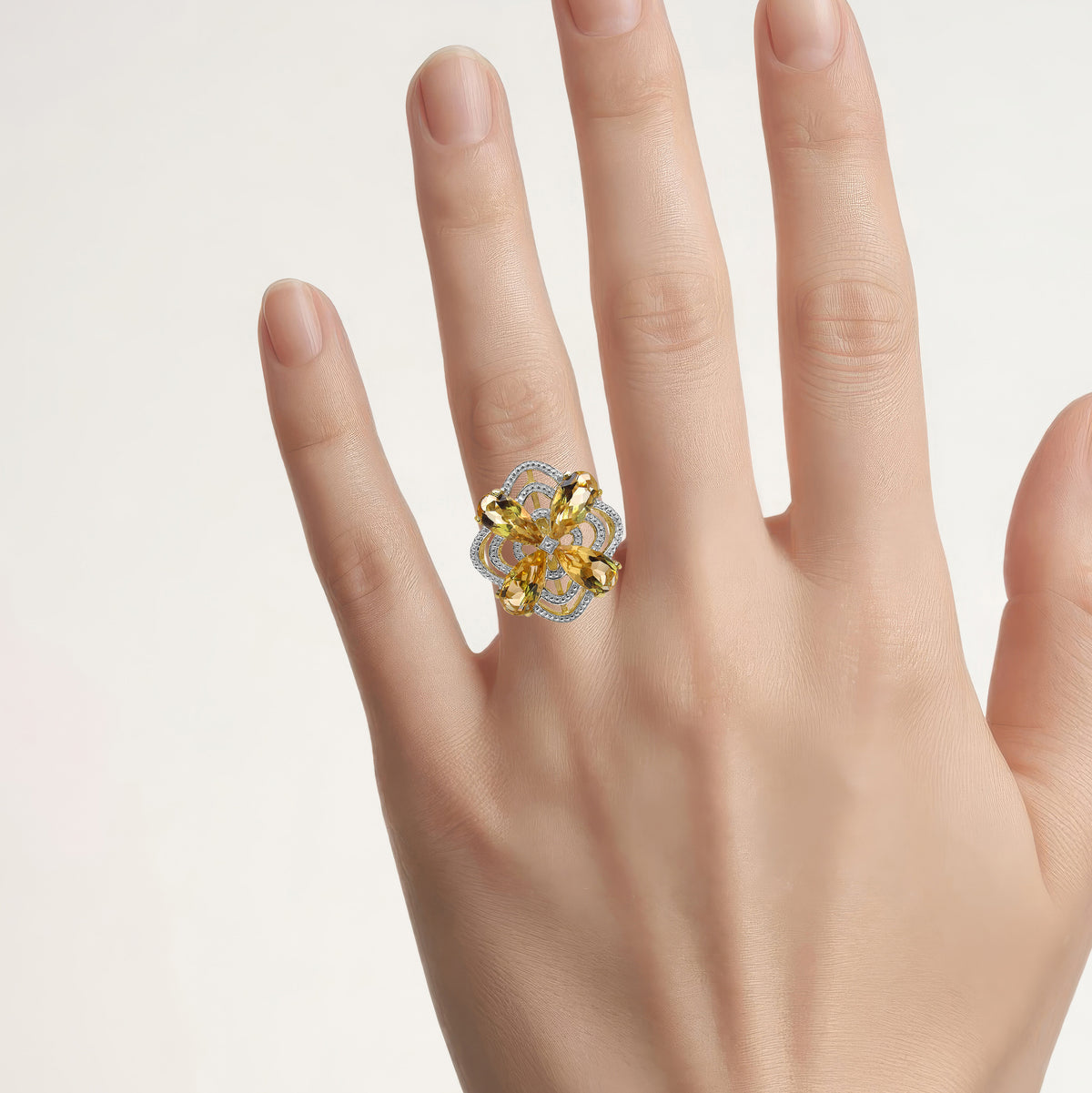 Citrine Flower Ring With Diamonds 8.79 Carats Gold Plated Silver