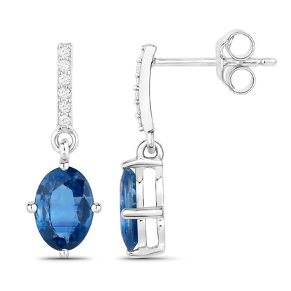 Natural Blue Sapphire Earrings With Diamonds 1.92 Carats 14K White Gold