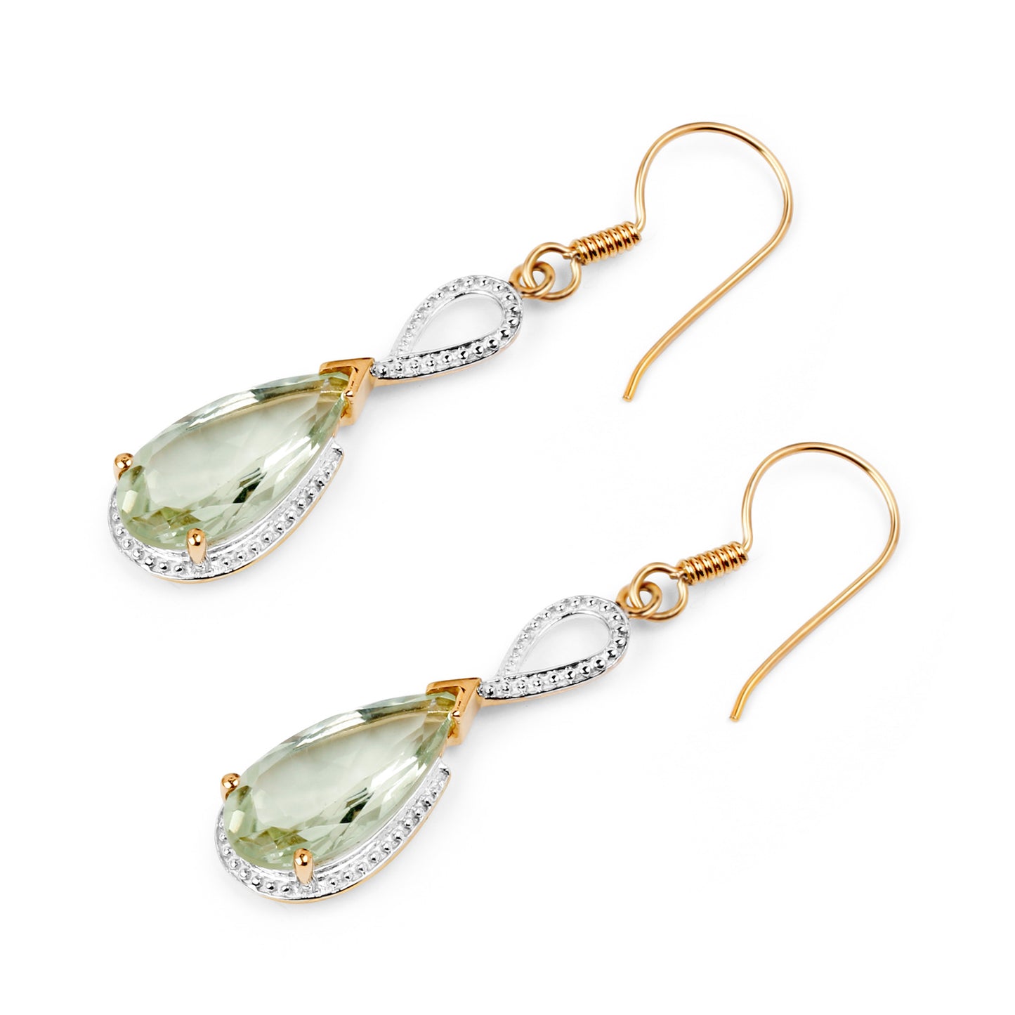 Green Amethyst Dangle Earrings 10 Carats 14K Yellow Gold Plated Silver
