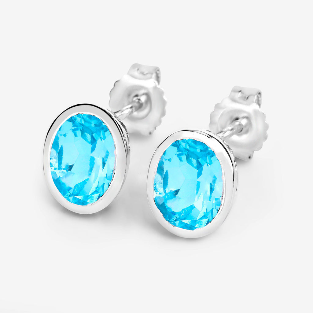 Swiss Blue Topaz Earrings 4 Carats Bezel Set Sterling Silver