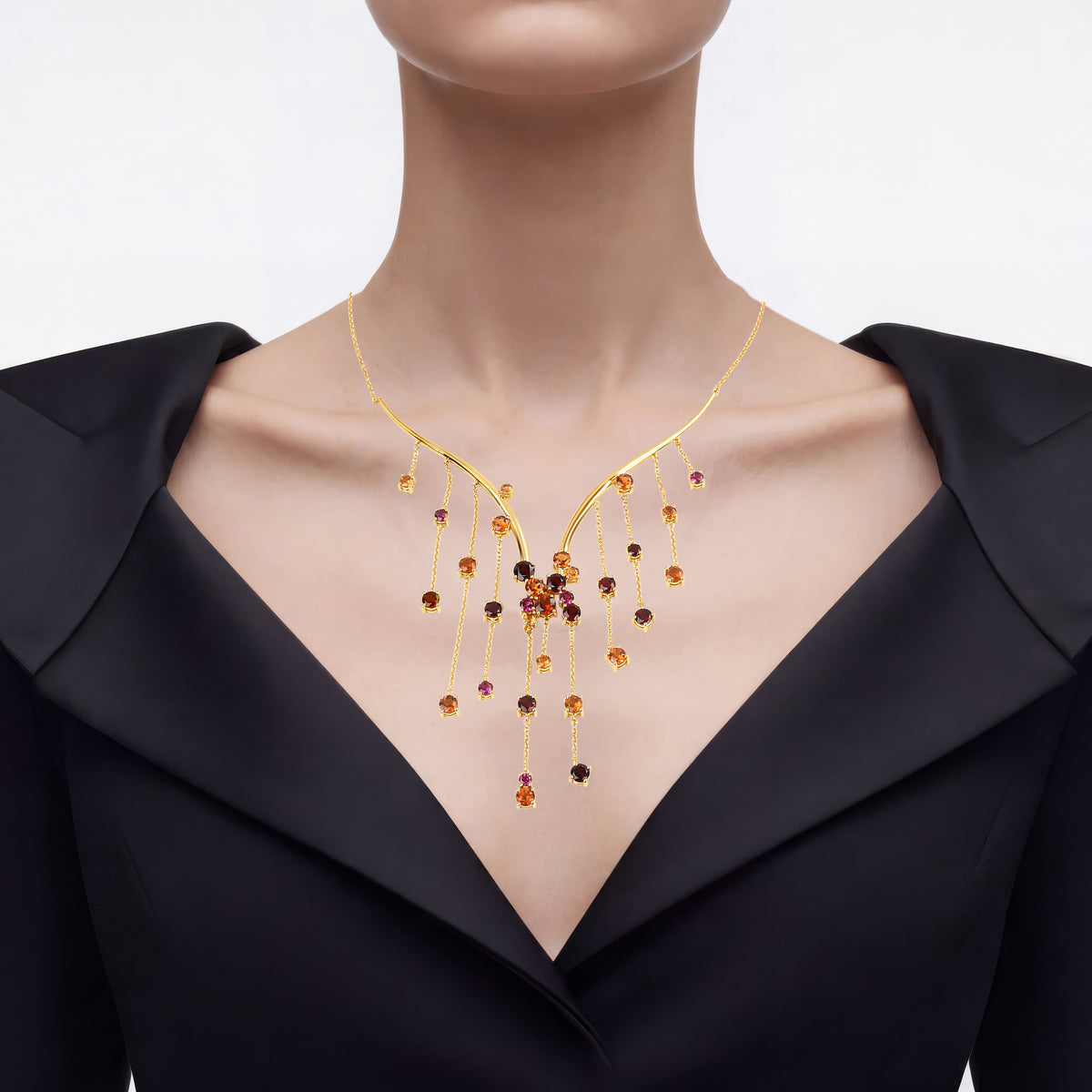 Hessonite Necklace With Garnet 15.8 Carats Gold Plated Silver