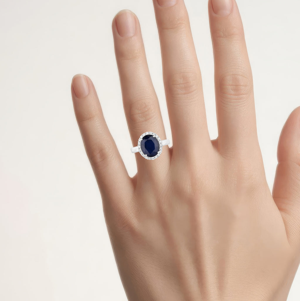 Blue Sapphire Ring With Diamonds 4.6 Carats 14K White Gold