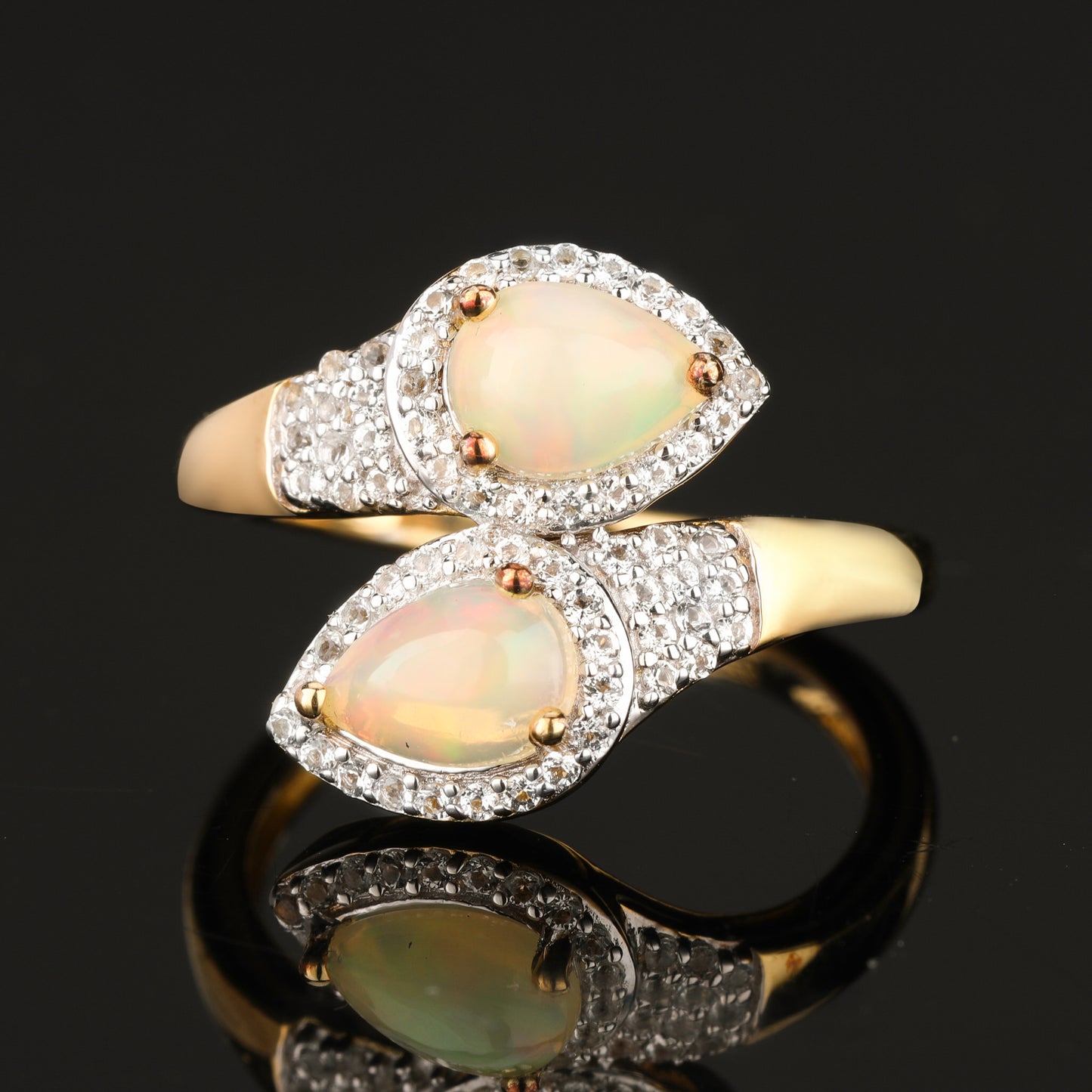 Natural Ethiopian Opal Ring With White Topaz 1.01 Carats Gold Plated Silver