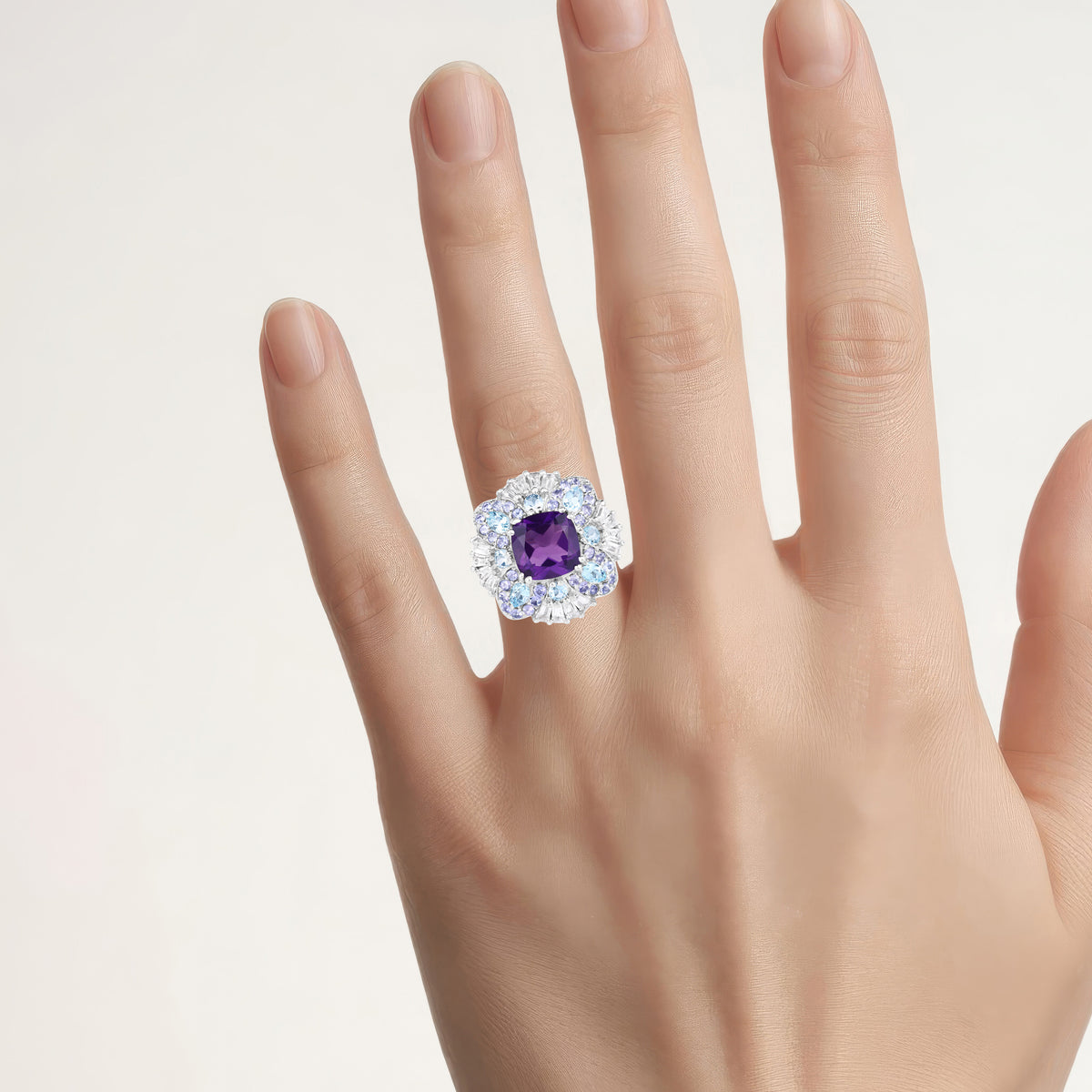Amethyst Ring With Multicolor Topaz and Tanzanite 8.28 Carats Sterling Silver