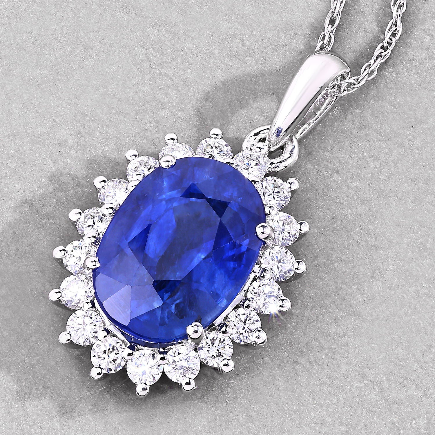 Blue Sapphire Pendant With Diamonds 4.22 Carats 18K White Gold