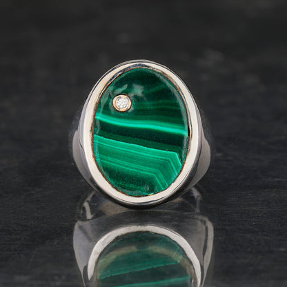 Malachite Ring With Diamonds 2.56 Carats Sterling Silver