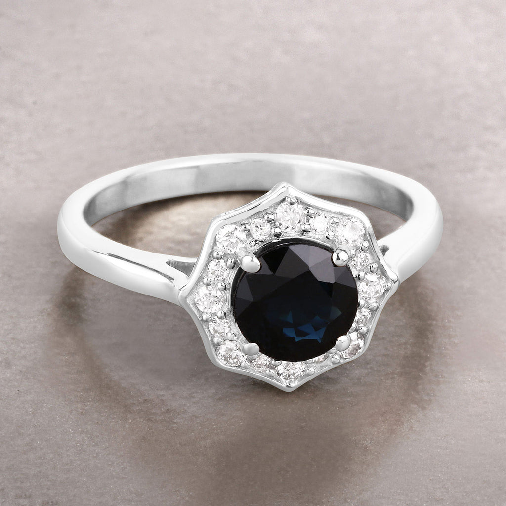 Blue Sapphire Ring With Diamonds 1.3 Carats 10K White Gold