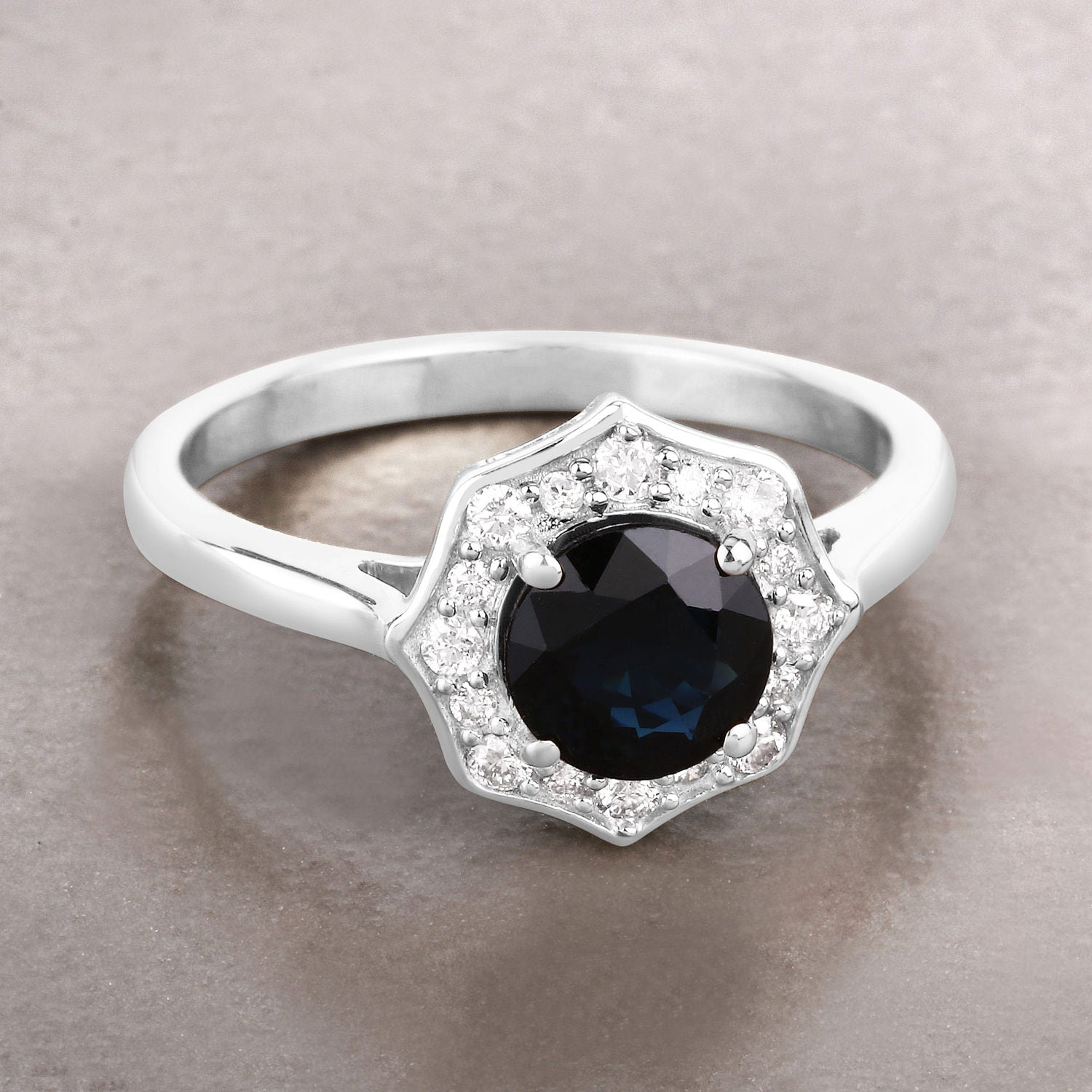 Blue Sapphire Ring With Diamonds 1.3 Carats 10K White Gold