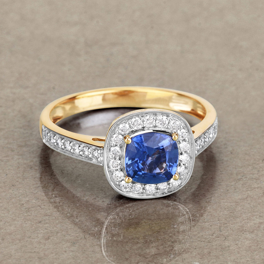 Blue Sapphire Ring With Diamonds 1.28 Carats 18K Yellow Gold