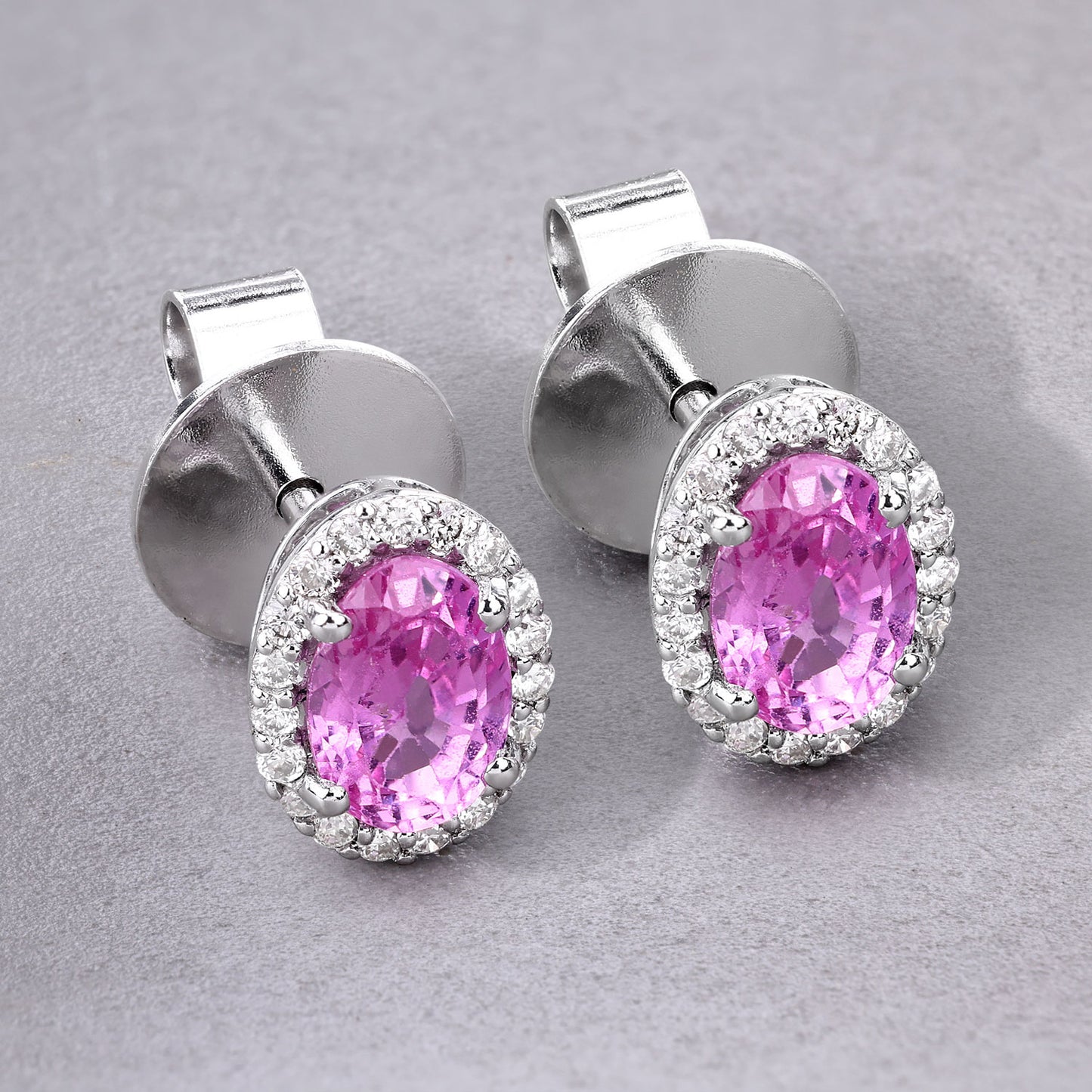 Natural Pink Sapphire Stud Earrings With Diamonds 1.46 Carats 14K White Gold