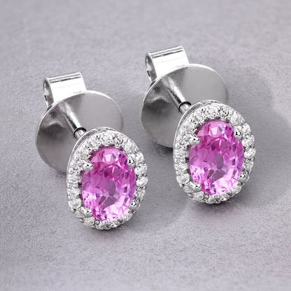 Natural Pink Sapphire Stud Earrings With Diamonds 1.46 Carats 14K White Gold