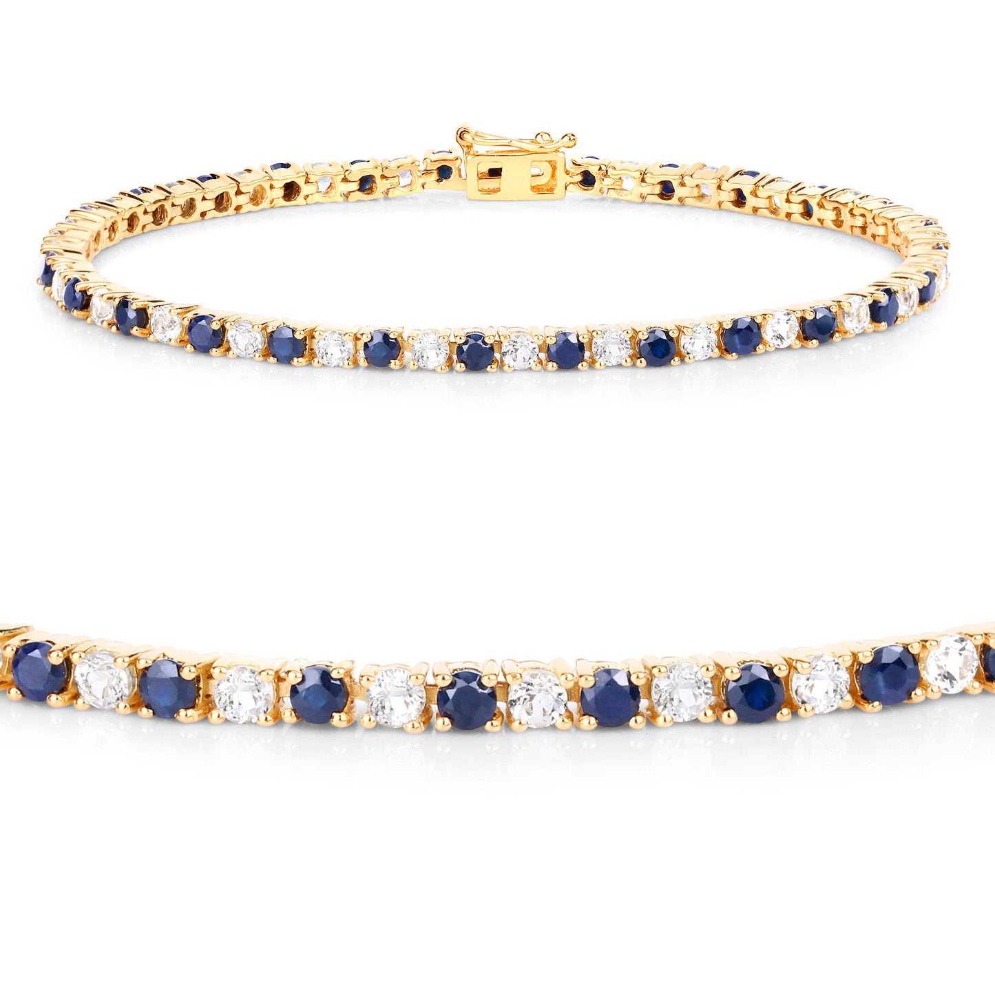 Blue Sapphire Bracelet White Topaz 6.6 Carats 18K Yellow Gold Plated Silver