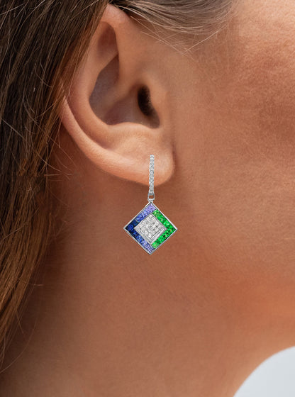 Sapphires and Tsavorites Dangle Earring Diamonds 4.27 Carats 18K White Gold