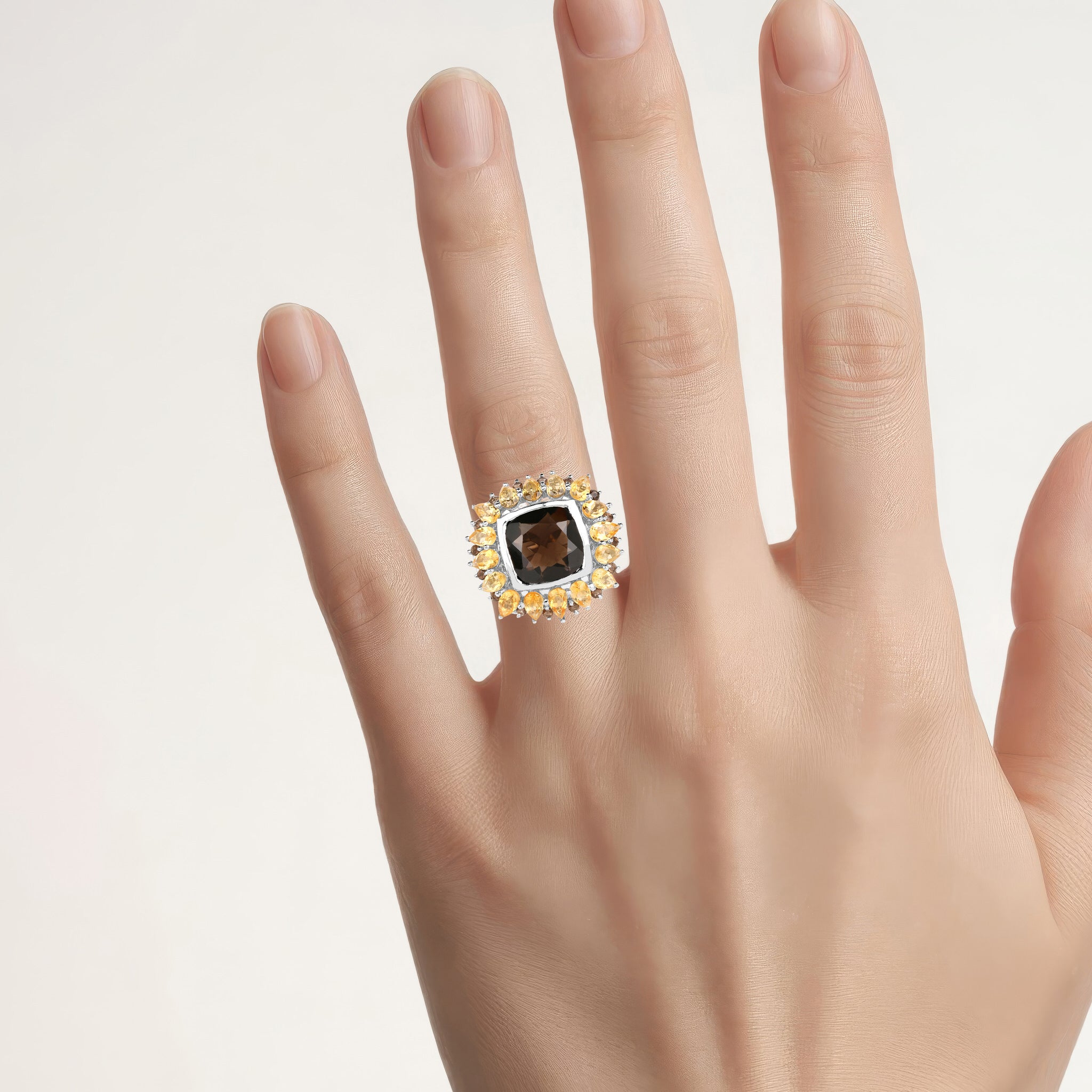 Smoky Quartz Ring With Citrine 9.1 Carats Sterling Silver