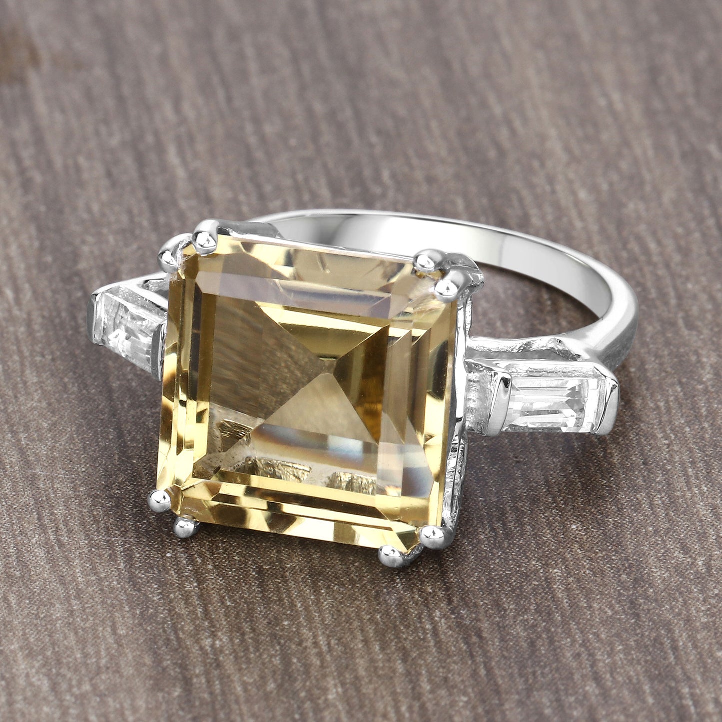 Lemon Quartz Ring With White Topaz 11.4 Carats Sterling Silver