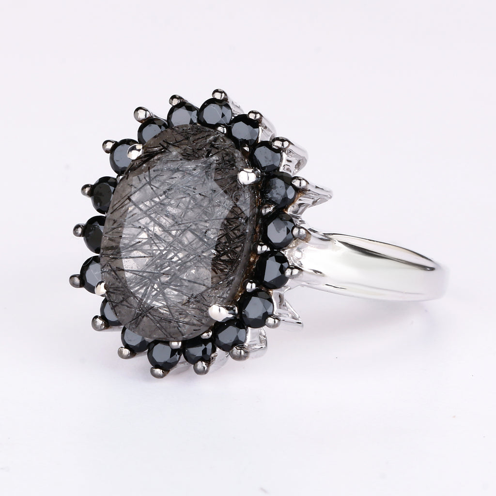 Black Rutile Ring With Black Spinel 5.90 Carats Sterling Silver