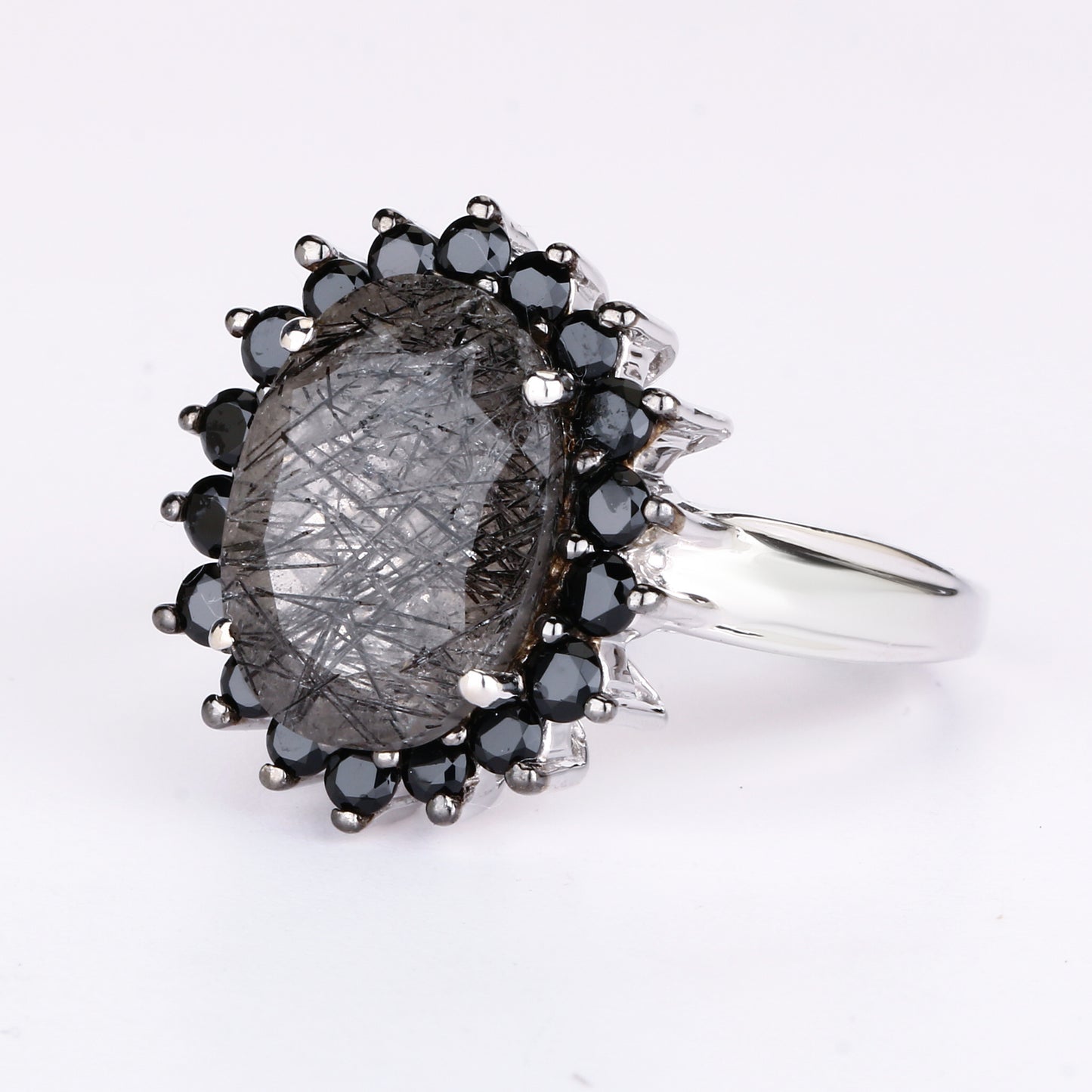 Black Rutile Ring With Black Spinel 5.90 Carats Sterling Silver