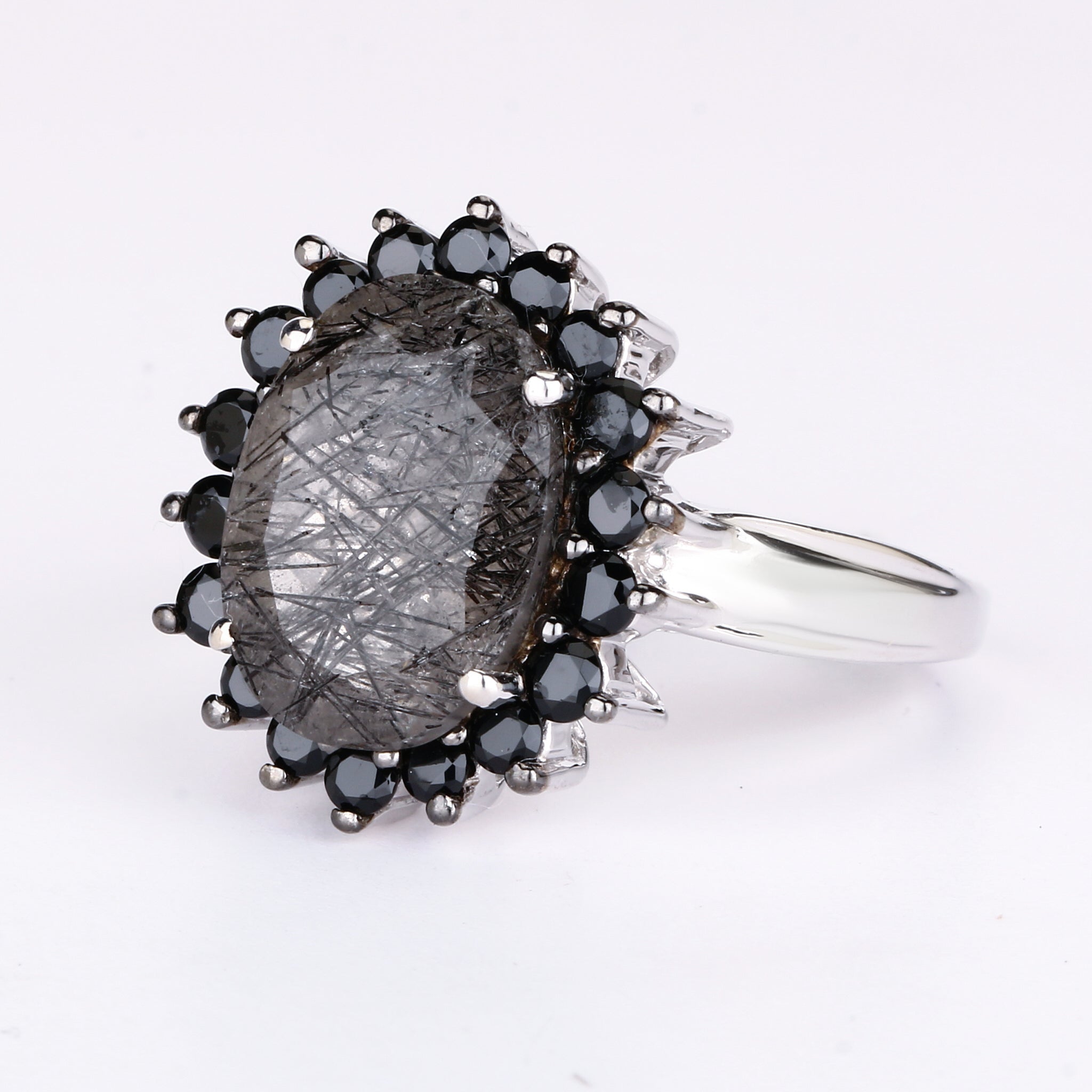 Black Rutile Ring With Black Spinel 5.90 Carats Sterling Silver