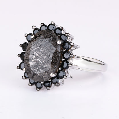 Black Rutile Ring With Black Spinel 5.90 Carats Sterling Silver