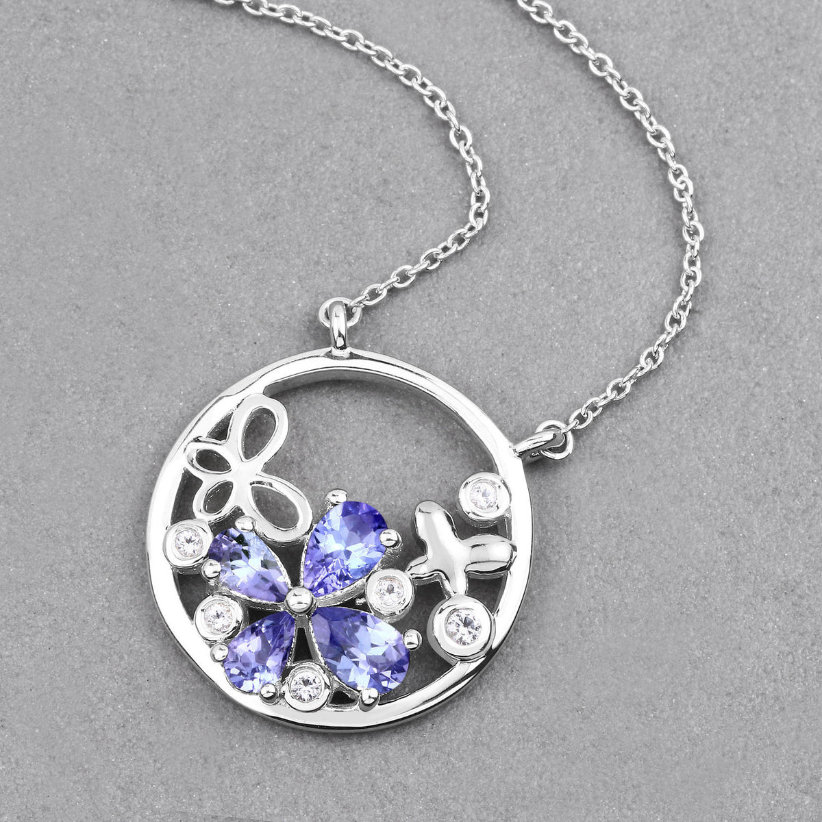 Tanzanite Flower Pendant With White Topaz 1.24 Carats Sterling Silver
