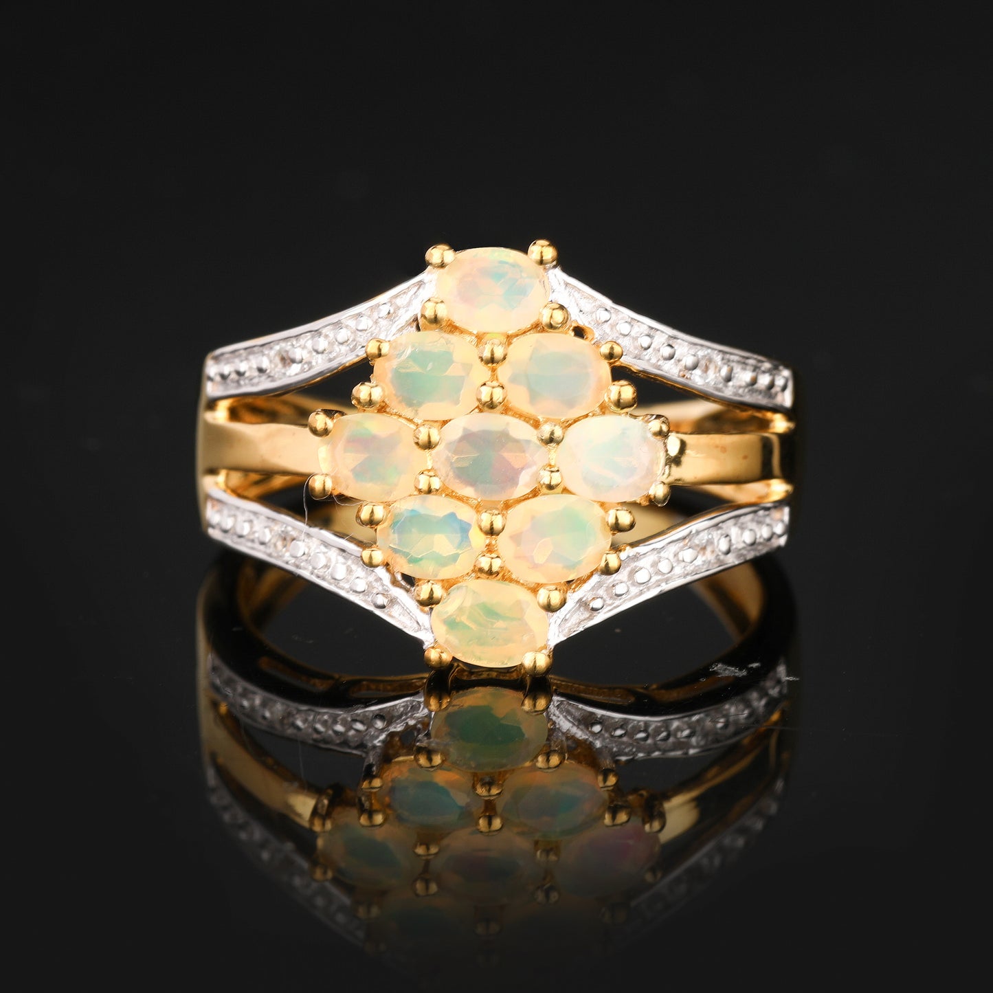 Natural Ethiopian Opal Ring With White Topaz 0.96 Carats Gold Plated Silver