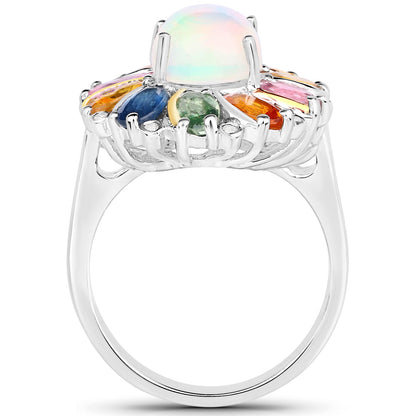Ethiopian Opal Floral Cocktail Ring Multicolor Sapphires Diamonds 3.95 Carats