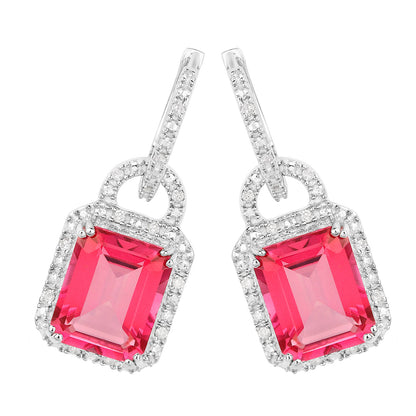 Pink Topaz Earrings With Diamonds 7.8 Carats Sterling Silver