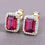 Rubellite Stud Earrings With Diamonds 3.04 Carats 14K Yellow Gold