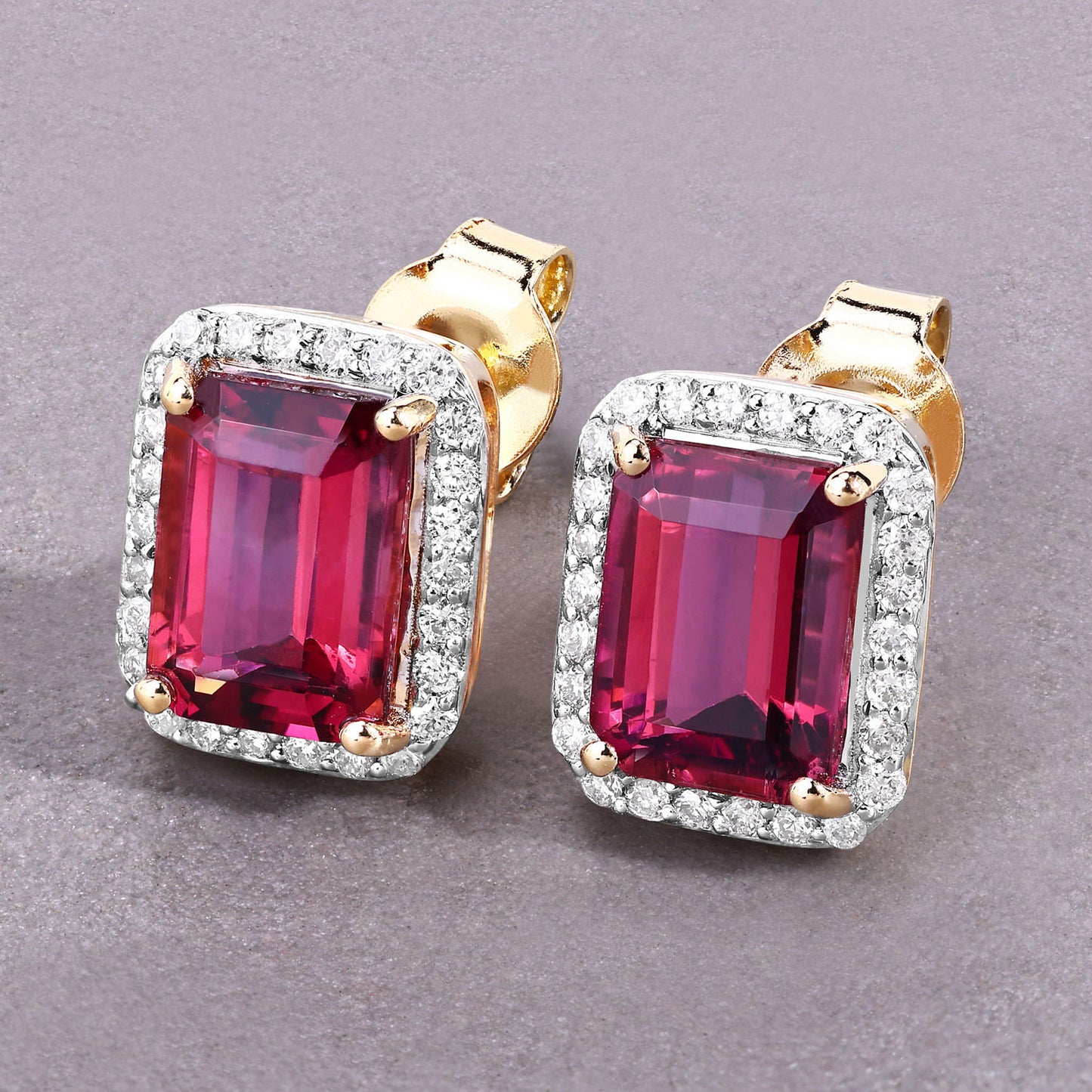 Rubellite Stud Earrings With Diamonds 3.04 Carats 14K Yellow Gold