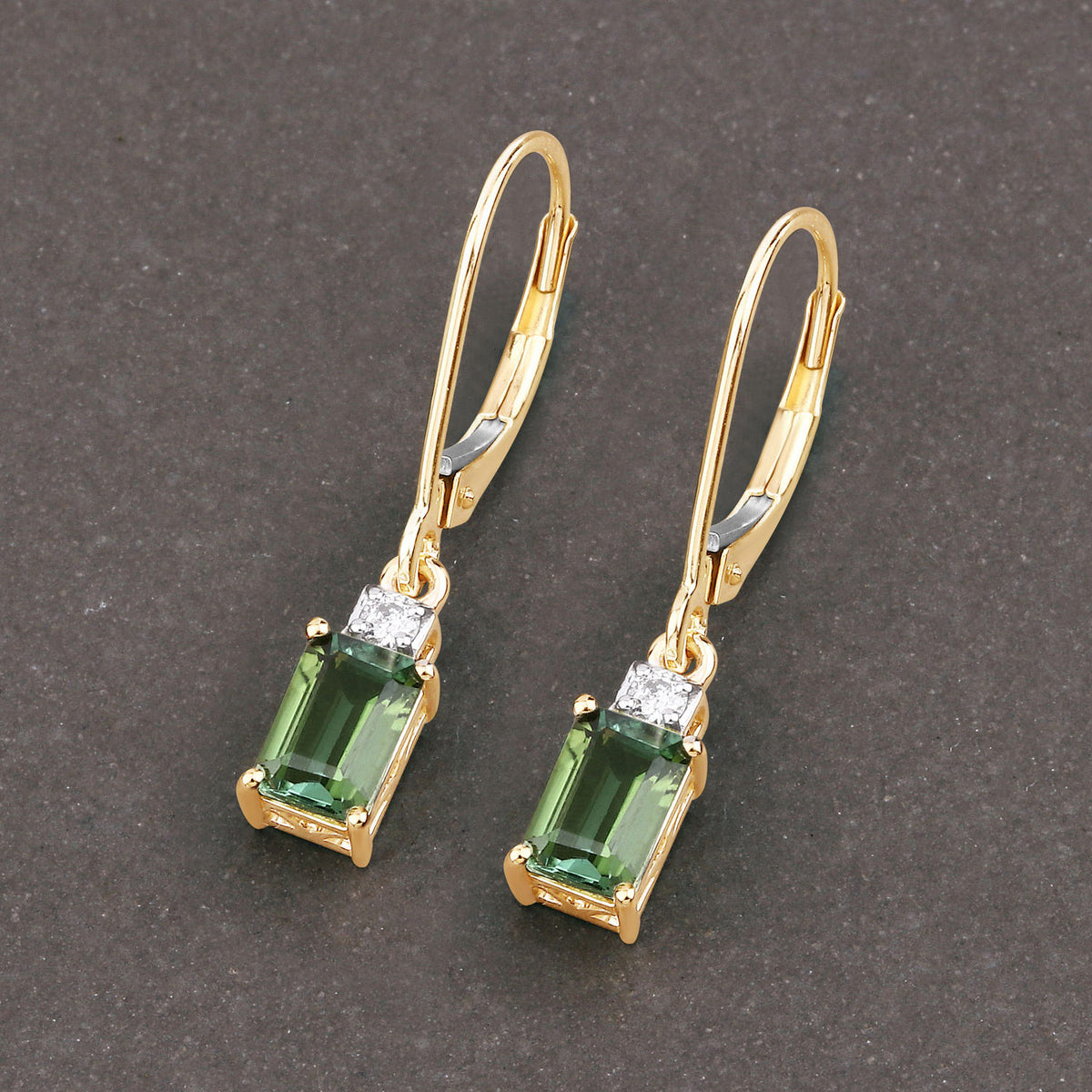 Green Tourmaline Earrings With Diamonds 1.24 Carats 14K Yellow Gold