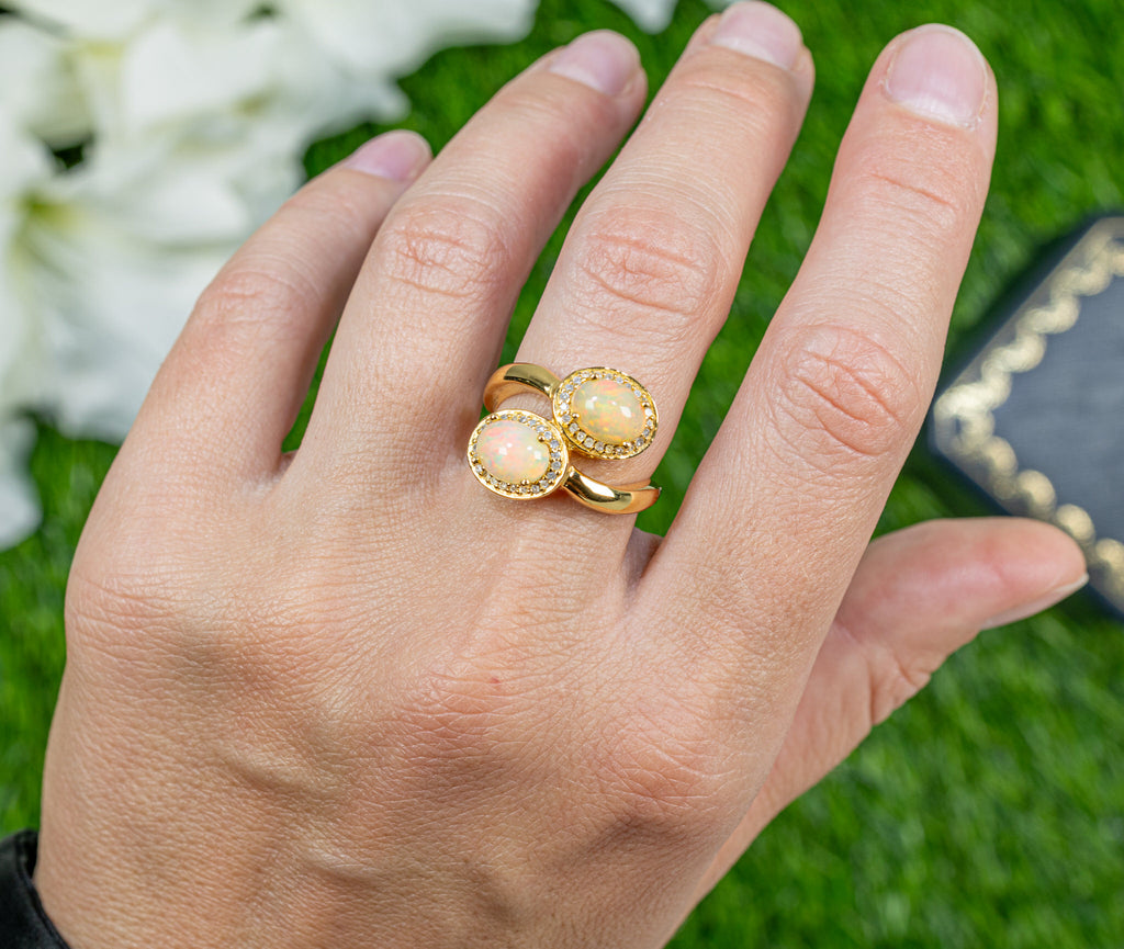 Natural Opal Bypass Ring With Diamonds 1.91 Carats 24K Yellow Gold Plated Silver