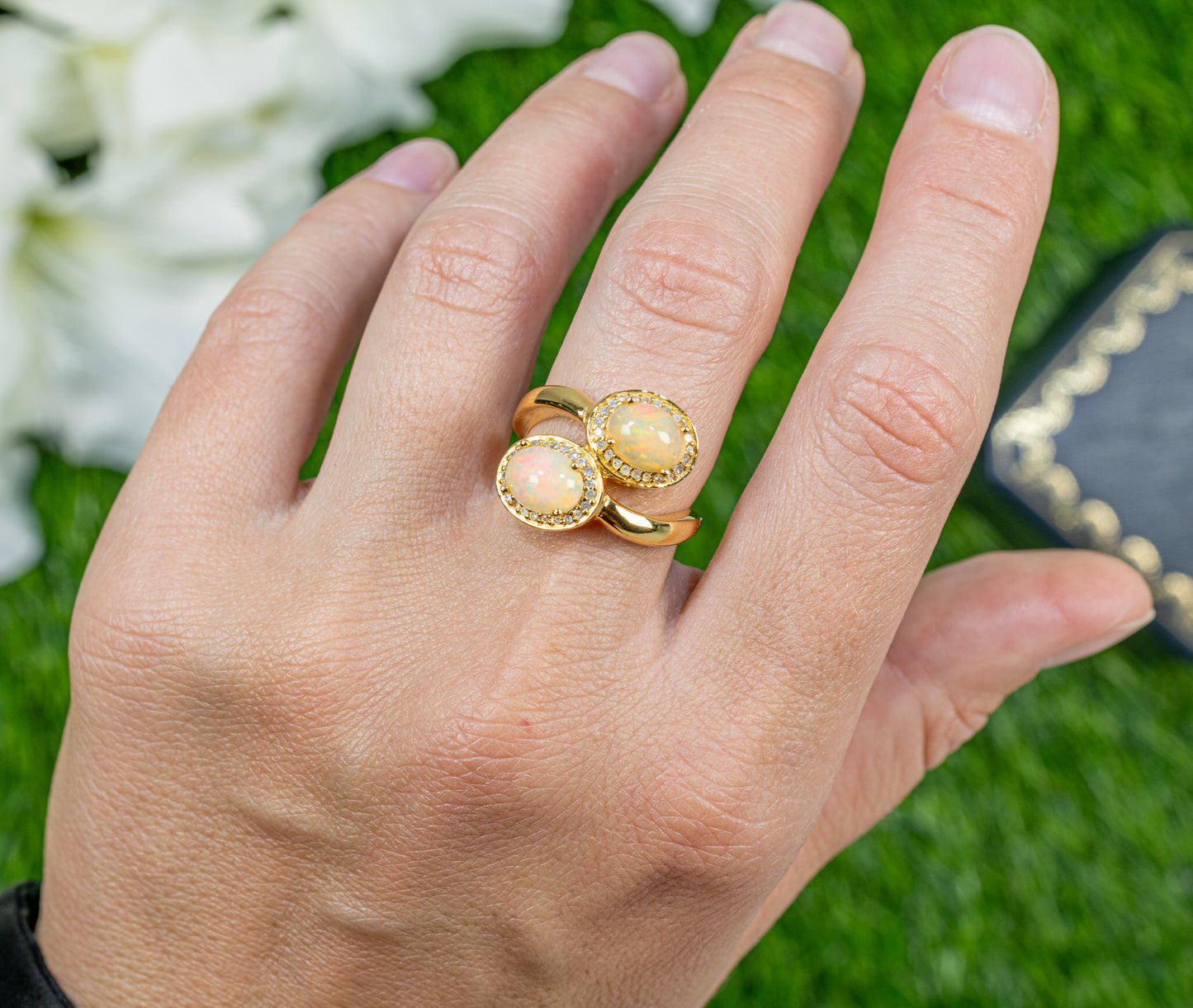 Natural Opal Bypass Ring With Diamonds 1.91 Carats 24K Yellow Gold Plated Silver