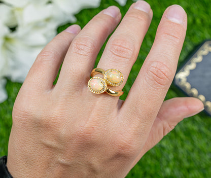 Natural Opal Bypass Ring With Diamonds 1.91 Carats 24K Yellow Gold Plated Silver