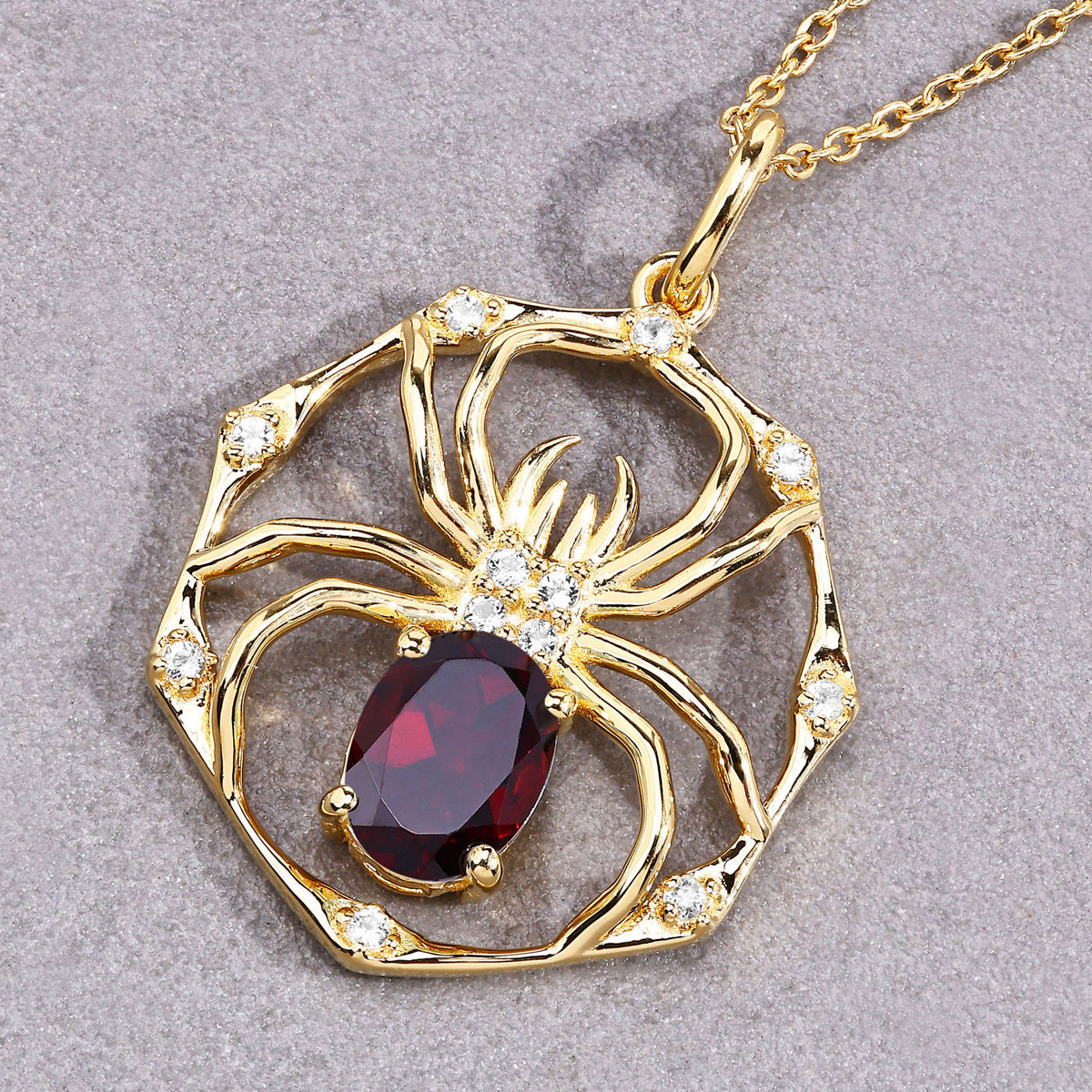 Garnet Spider Pendant With White Topaz 1.4 Carats Gold Plated Silver