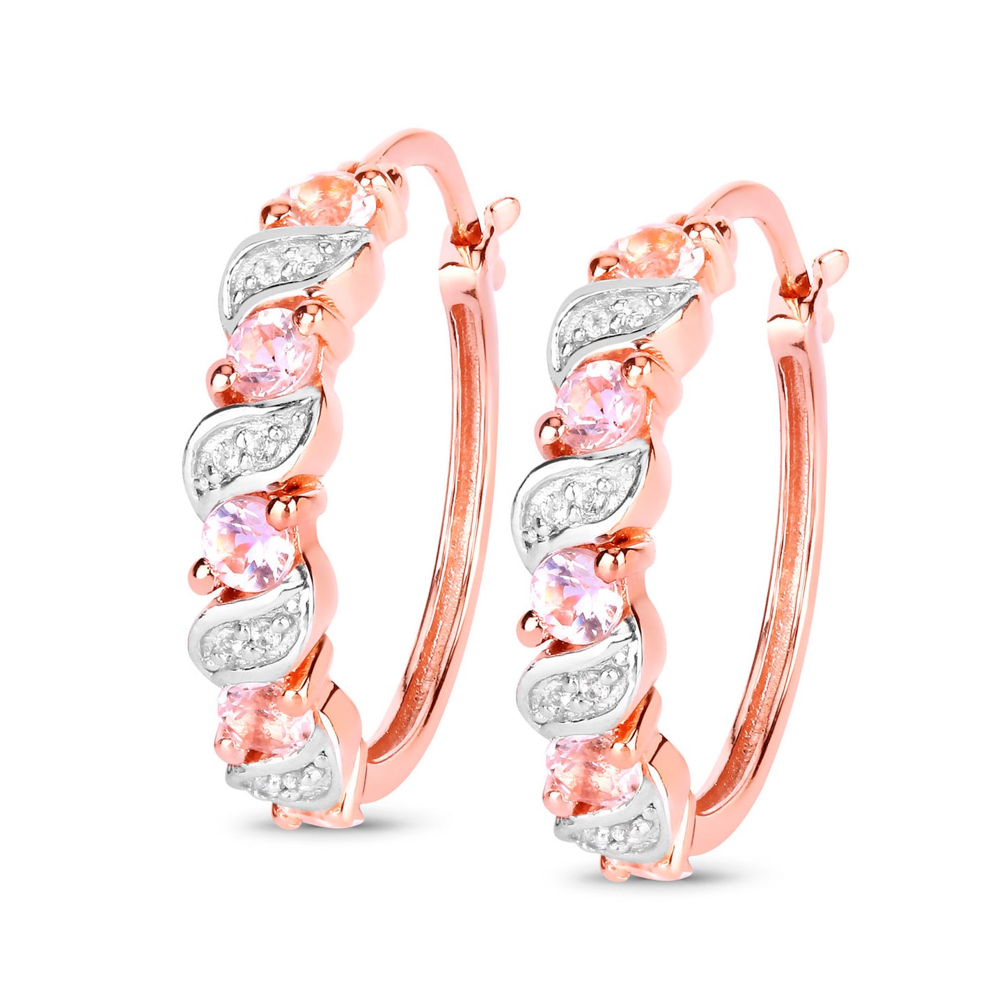 Morganite Hoop Earrings White Topaz 1.02 Carats 18K Rose Gold Plated Silver