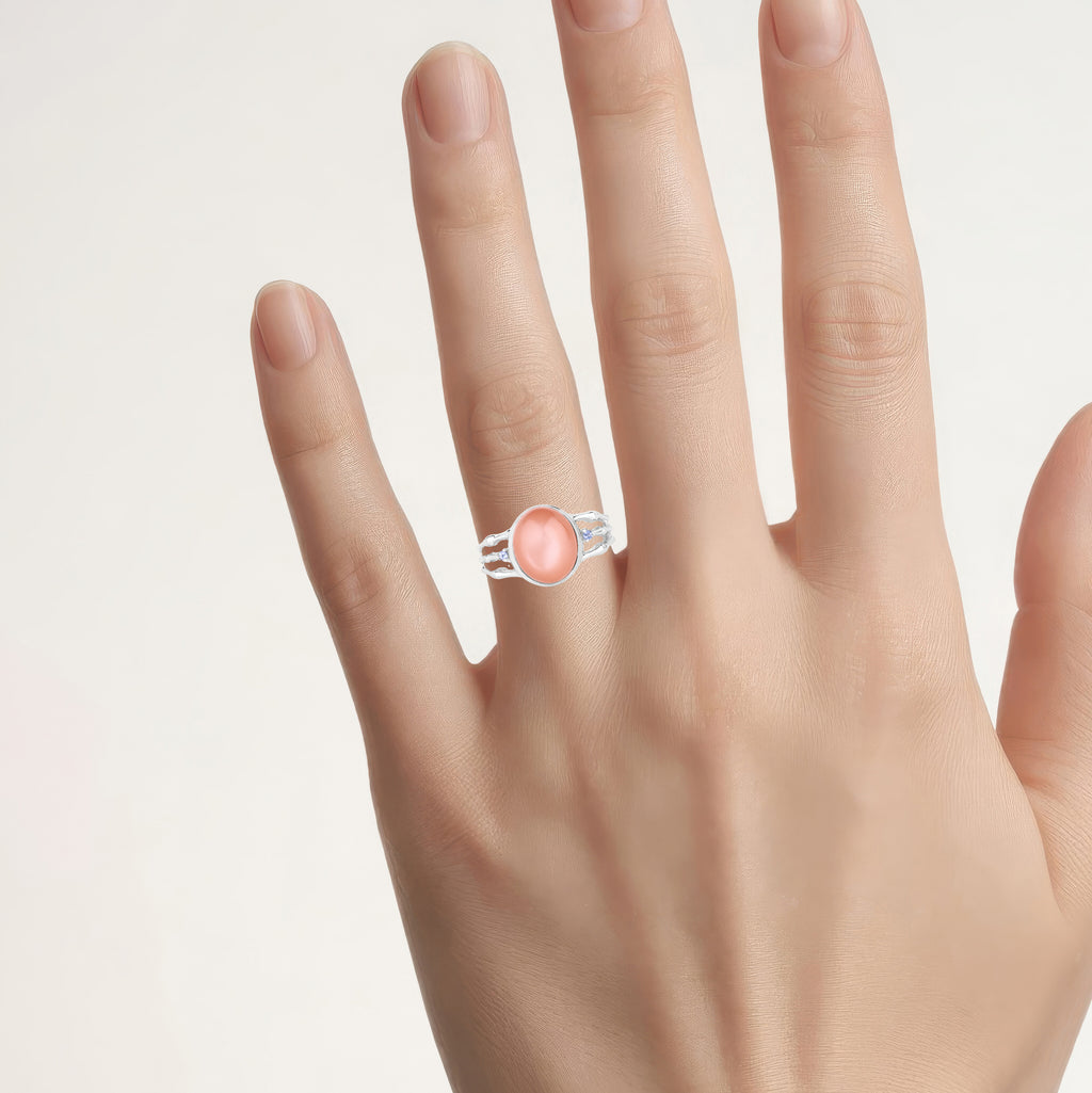 Peach Moonstone Ring With Tanzanite 6.5 Carats Sterling Silver