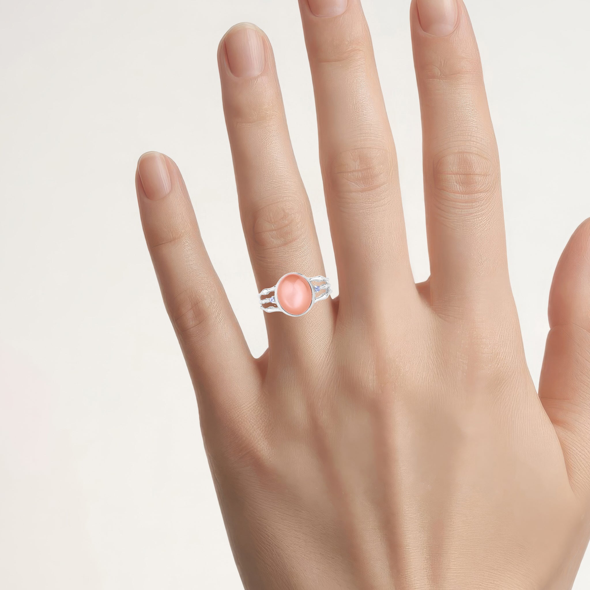 Peach Moonstone Ring With Tanzanite 6.5 Carats Sterling Silver