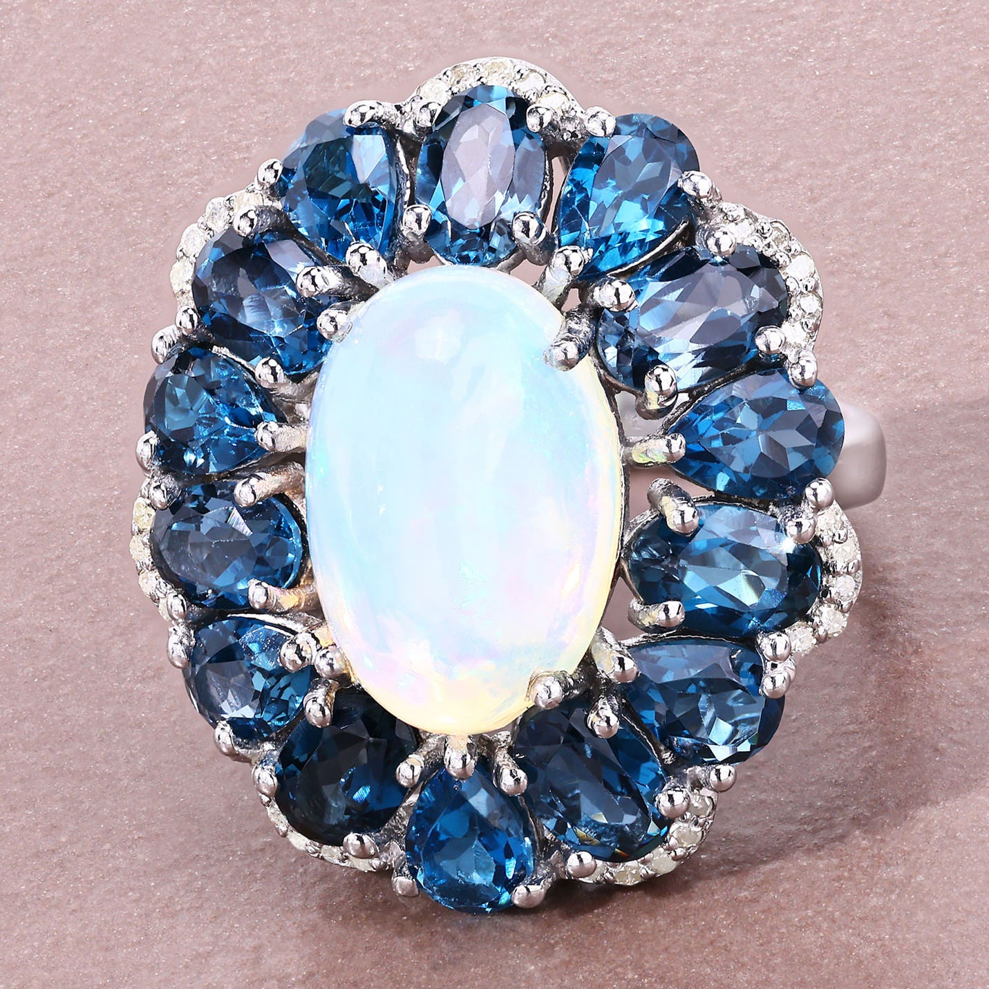 Opal Ring With London Blue Topaz 12.1 Carats Sterling Silver
