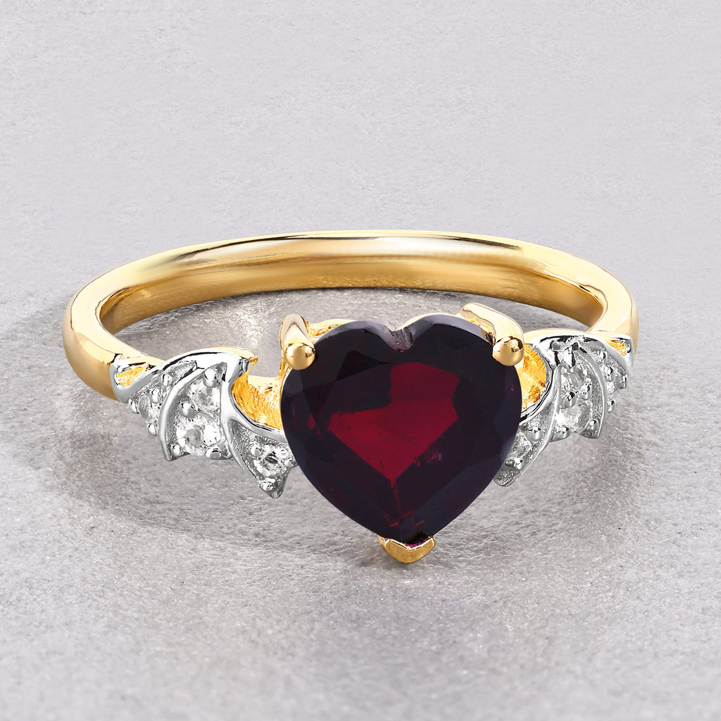 Garnet Bat Ring With White Topaz 2.26 Carats Gold Plated Silver