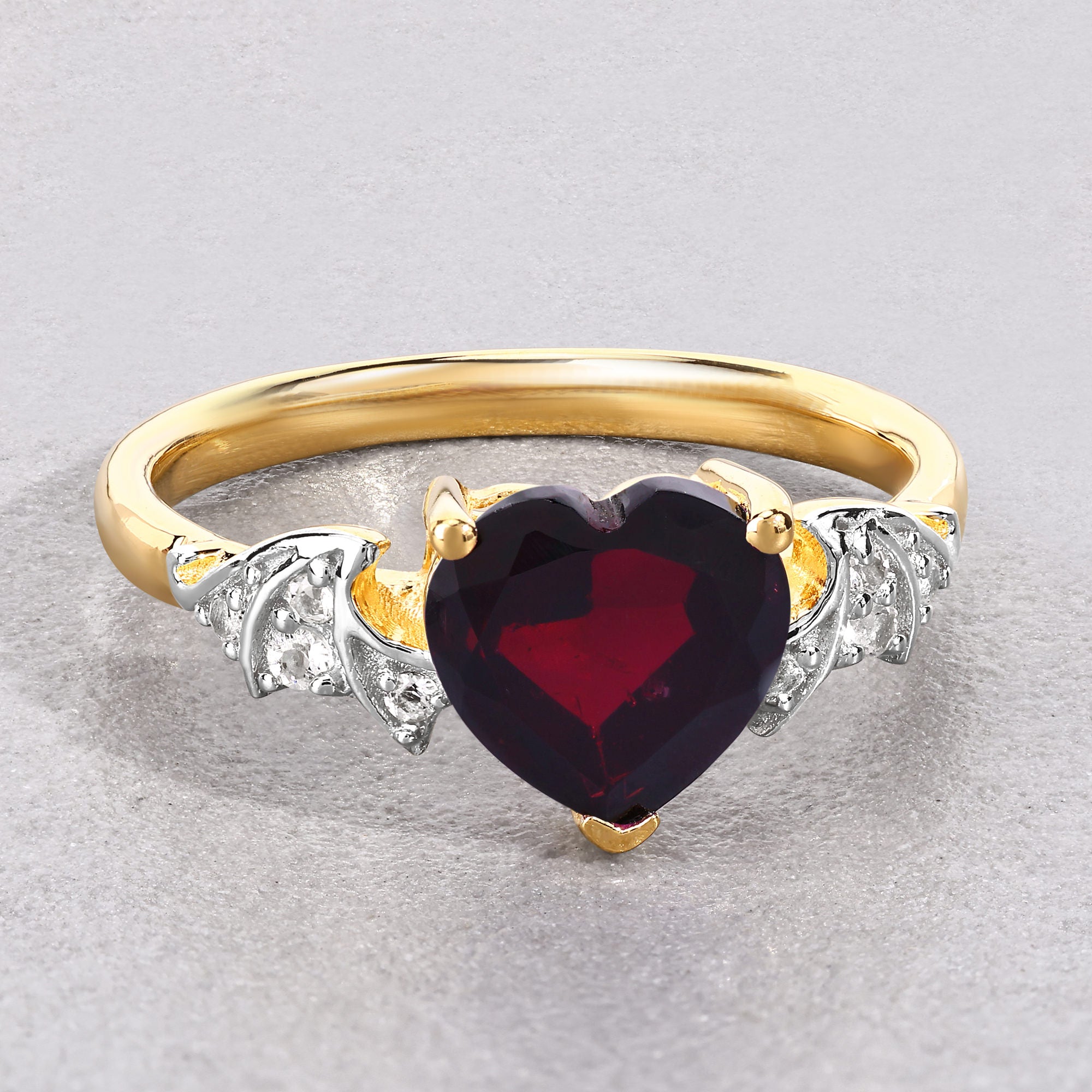 Garnet Bat Ring With White Topaz 2.26 Carats Gold Plated Silver
