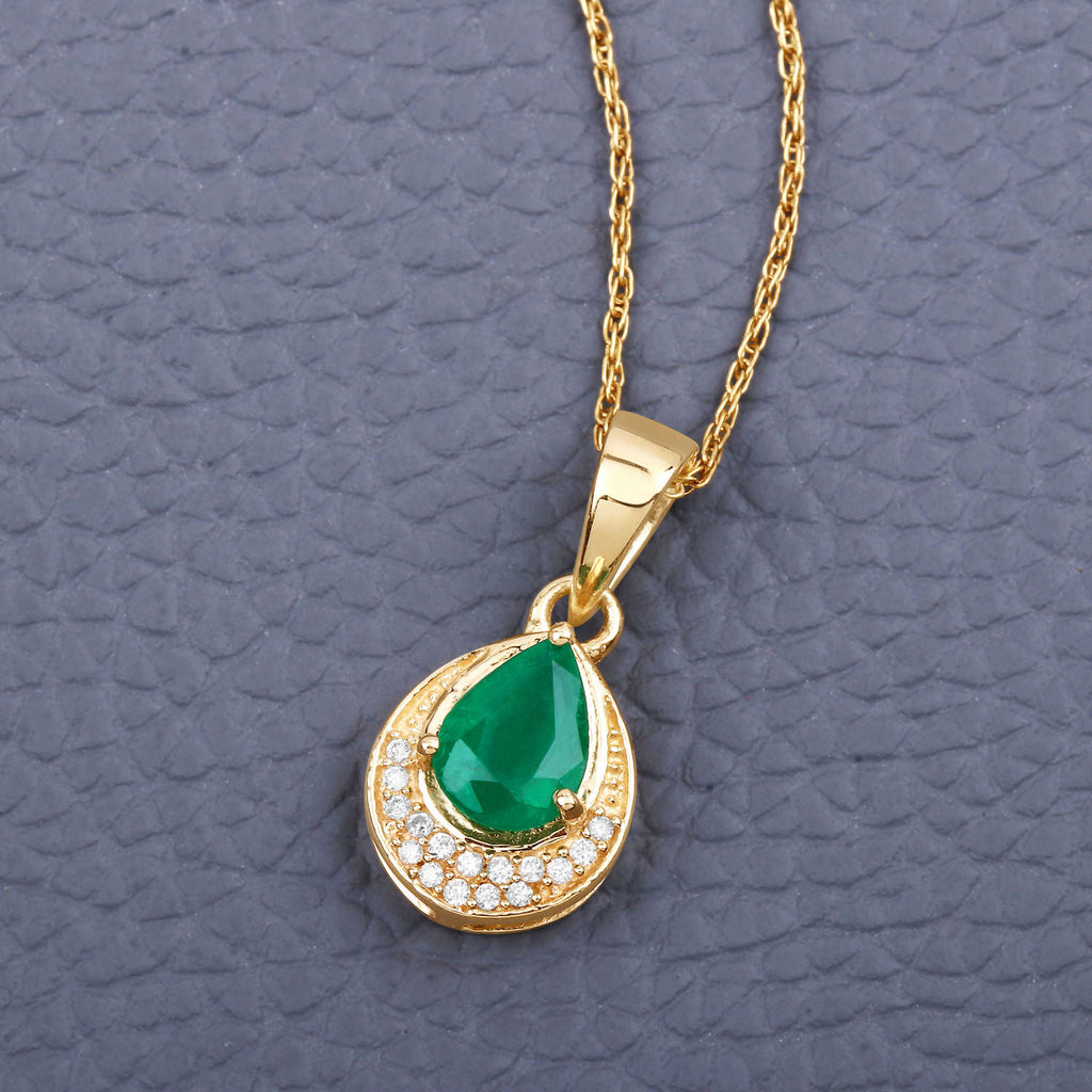 Zambian Emerald Pendant With Diamonds 0.86 Carats 14K Yellow Gold