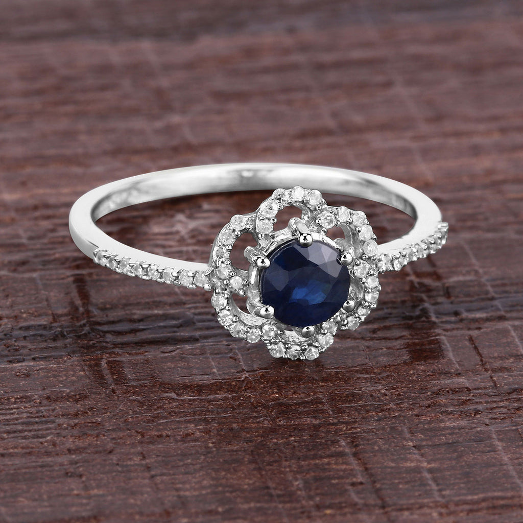 Blue Sapphire Ring With Diamonds 0.76 Carats 14K White Gold