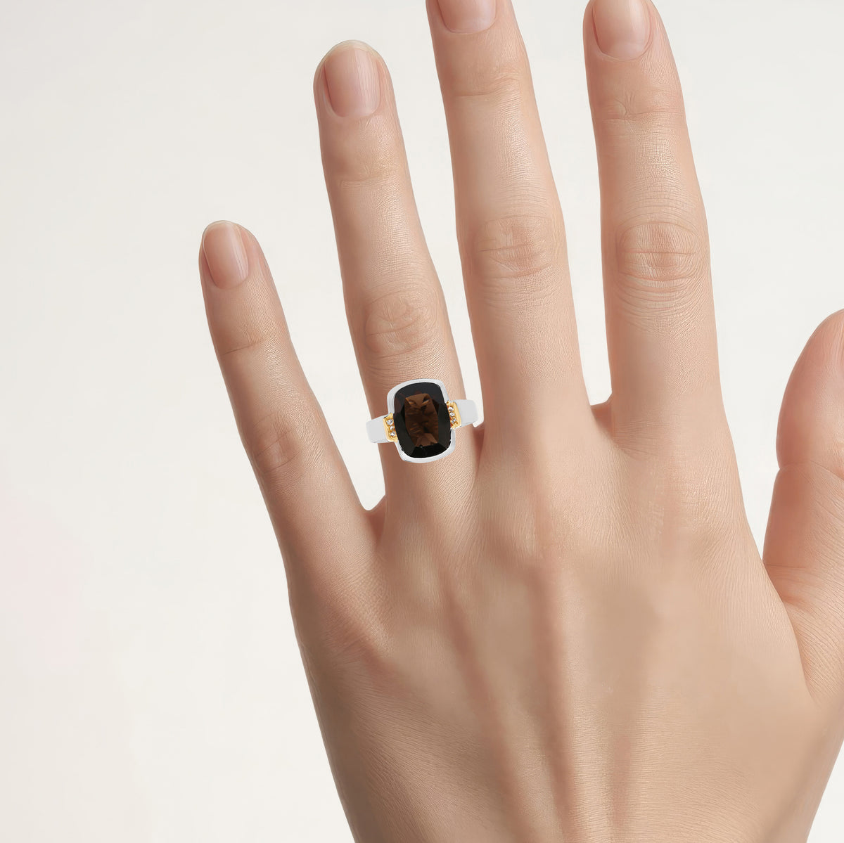 Smoky Quartz Ring With White Topaz 5.48 Carats Gold Plated Silver
