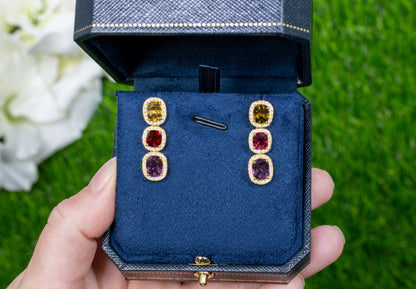 Rare Natural Multicolored Spinel Earrings Diamond Halo 8.50 Carats 18K Gold